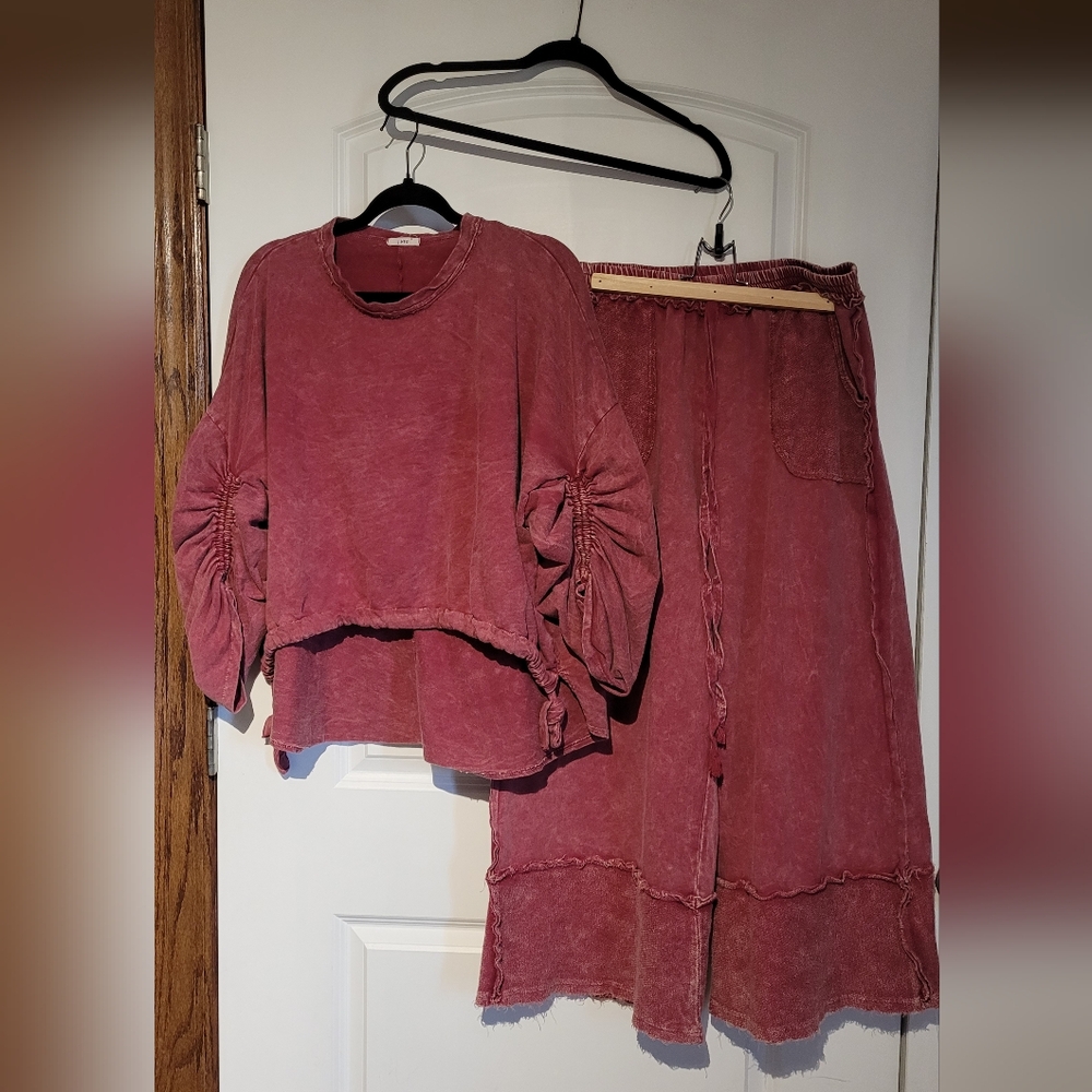 J HER Washed Two-Piece Set - Pullover HIGH/LOW Top & Wide Leg Pants
